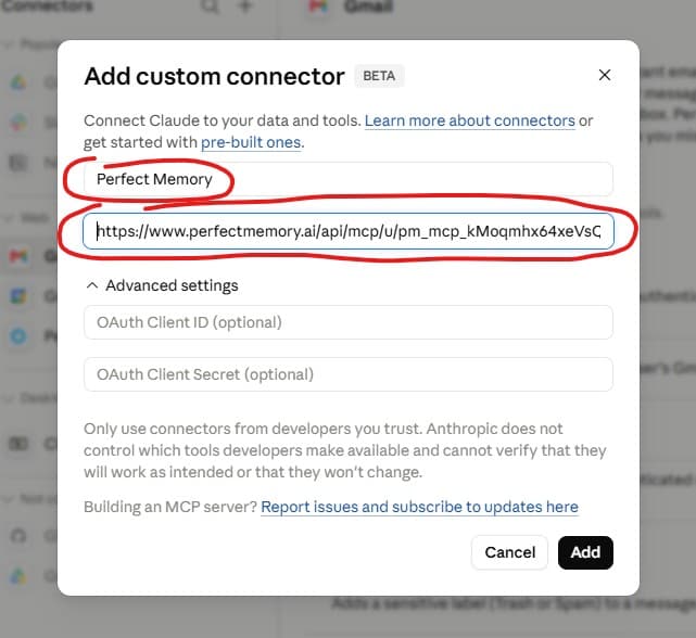 Claude Desktop’s Add custom connector dialog with the Perfect Memory connector URL pasted in