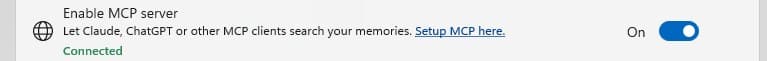 The “Enable MCP server” toggle in Perfect Memory’s Settings → Advanced